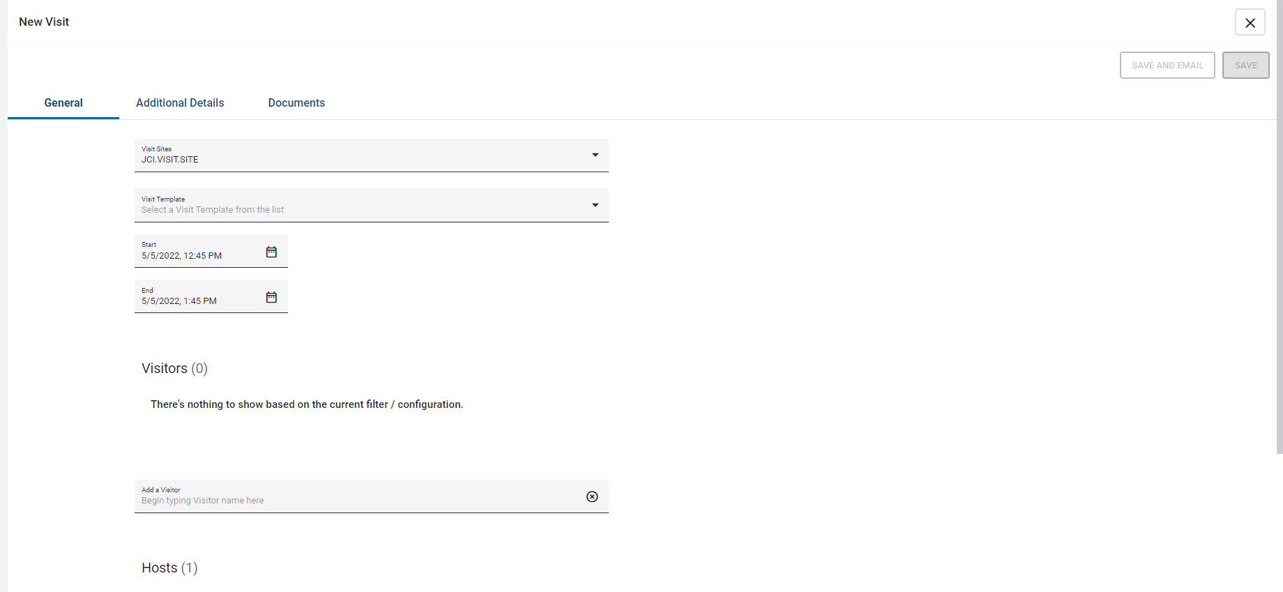 A screenshot of the New Visit screen on the General tab. The Visit information fields include Visit Sites, Visit Template, Start, End, Visitors, and Hosts.