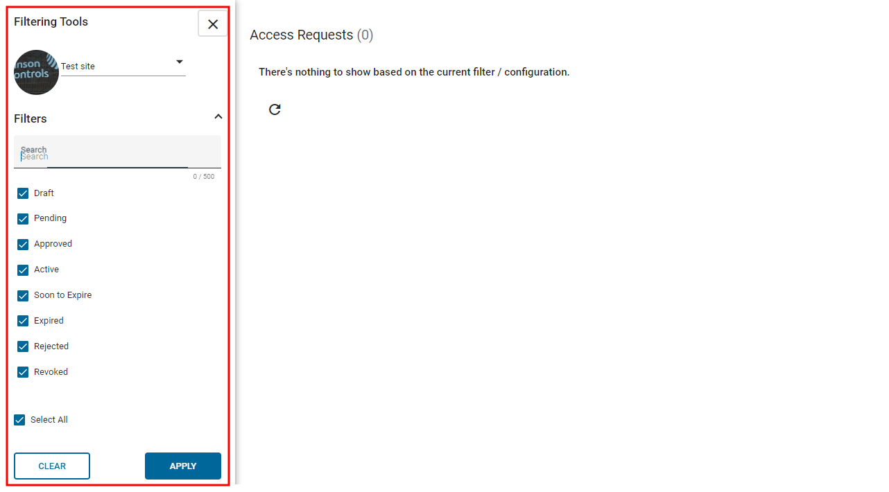 A screenshot of the Filtering Tools pane on the left of the Access Requests screen. It includes the filters Draft, Pending, Approved, Active, Soon to Expire, Expired, Rejected, Revoked, and Select all.