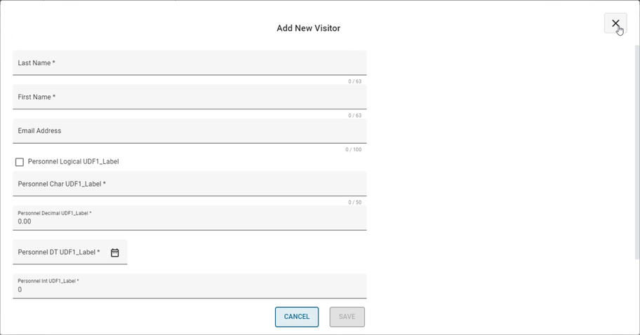 A screenshot of the Visitor Deatils screen that shows the form fields Last Name, First Name, Email Address, and label-related fields.